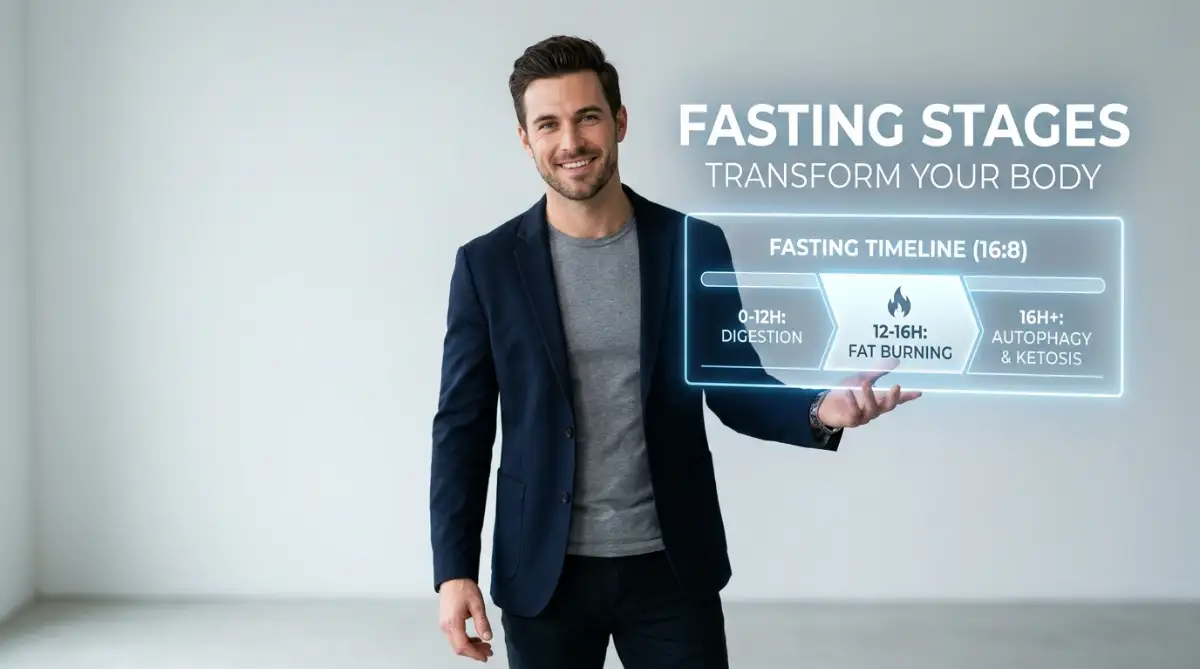 A smart young man standing confidently next to a fasting timeline clock, illustrating the ultimate guide to understanding intermittent fasting stages for beginners.
