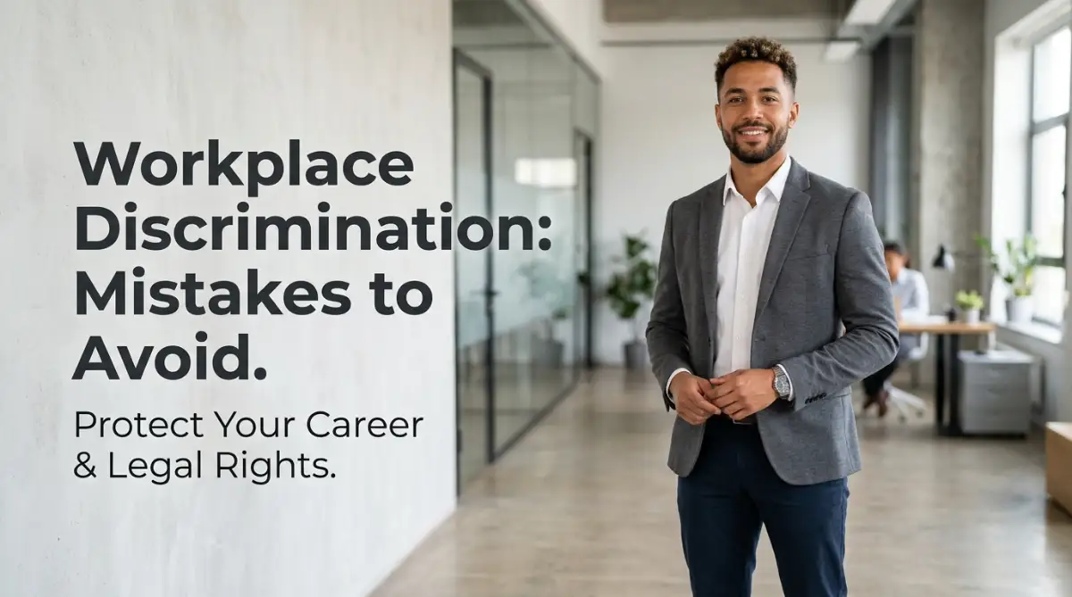 A smart young male professional confidently stands in a studio setting, representing the importance of avoiding critical mistakes when filing a workplace discrimination complaint against an employer