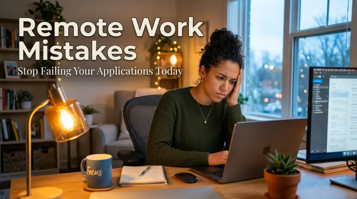 A frustrated professional sits at a home office desk looking at a laptop, illustrating the common mistakes to avoid when applying for remote work opportunities.