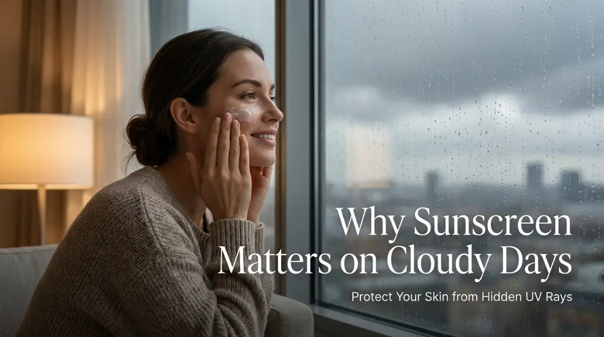A woman applying daily sunscreen on her face while looking out a window at a dark cloudy sky, demonstrating the importance of wearing sunscreen on cloudy days to protect against invisible UV rays.